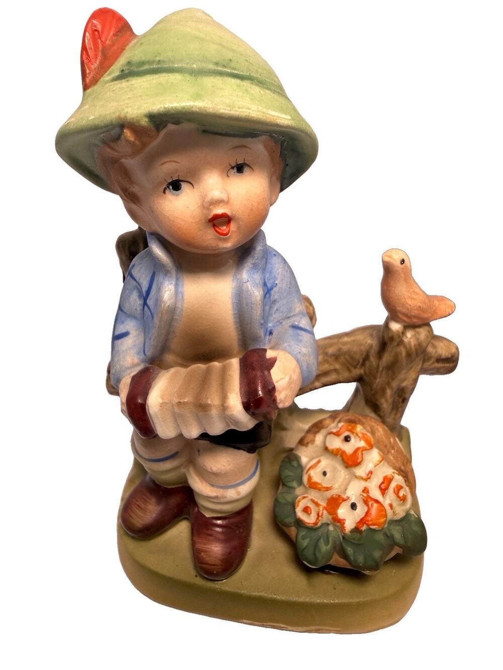 Napco 1960s Porcelain Boy figurine C-7119 with Accordion And Bird 7x3”